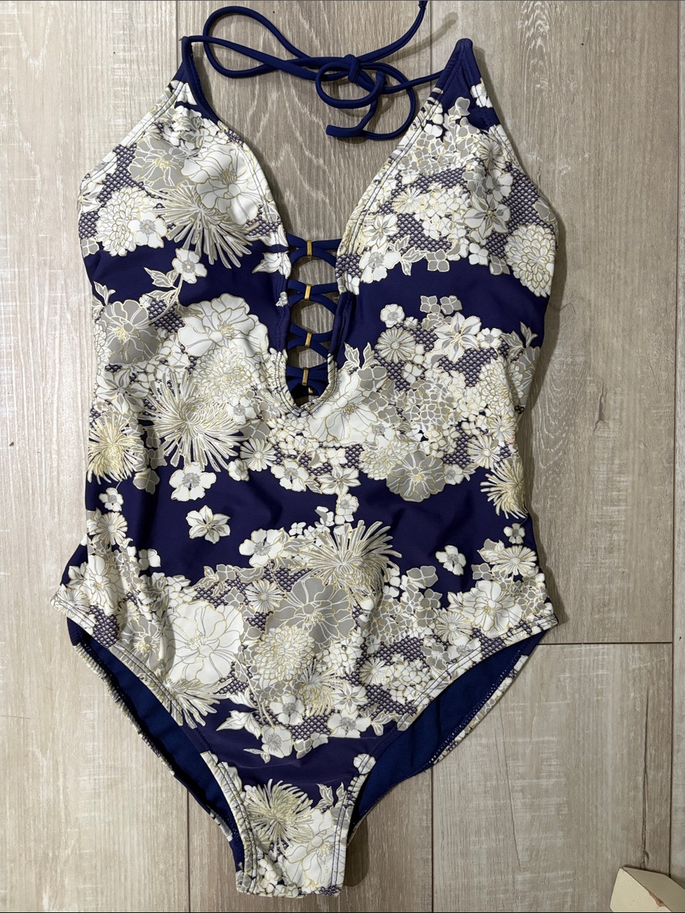Floral Lace-Up One-Piece Swimsuit in Purple, Cream And Gold